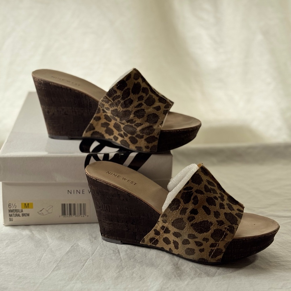Nine West Ursilia, Leopard print, natural brown suede, wedge sandal 6.5